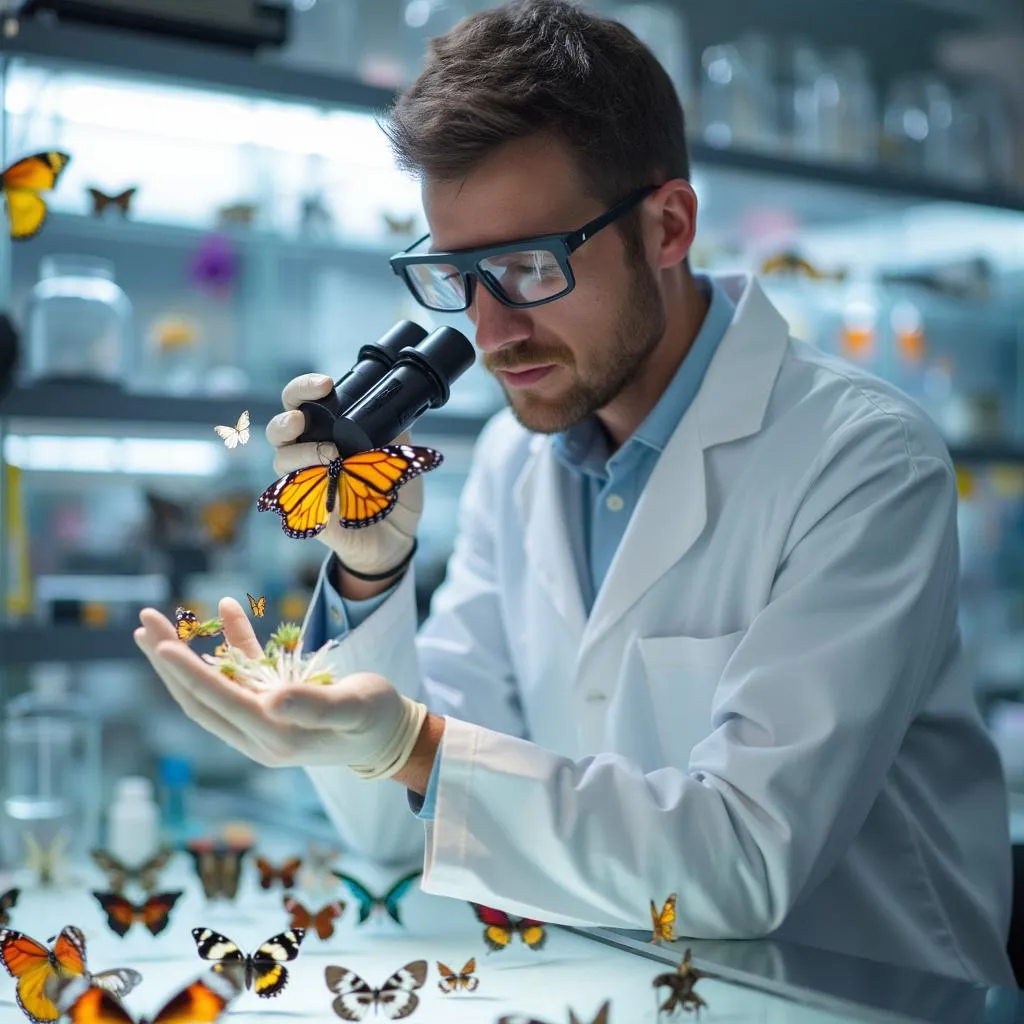 Científico estudiando especímenes de mariposas